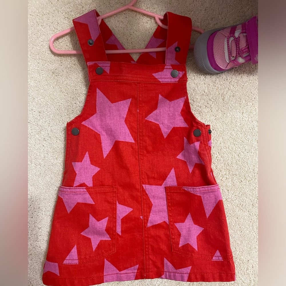 Stella, McCartney, kids, pink and red denim jumper dress 3 years old